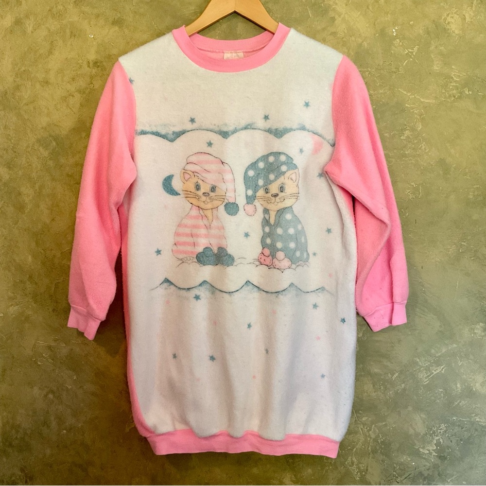 Vintage 80s Sleepyhead Kitty Graphic Plush Fleece Sleep Shirt